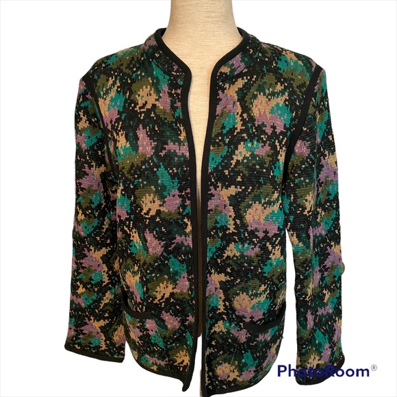YVES SAINT LAURENT SWEATER CARDIGAN VINTAGE 70s BLACK PURPLE SIZE 42 US 10 M - Picture 1 of 13